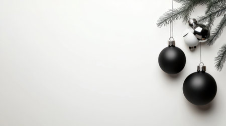 Sophisticated photo Christmas card with a black-and-white theme, elegant script fonts, and minimalist decorations.の素材