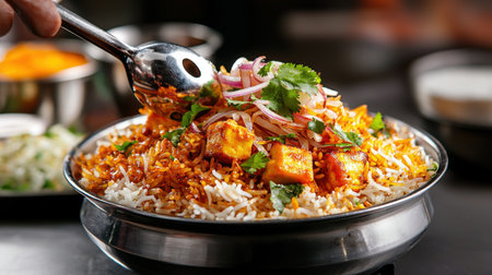 Paneer biryani being garnished with freshly chopped cilantro and fried onions before serving, showcasing the vibrant colors of the dish.の素材