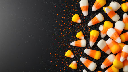 A vibrant Halloween background filled with scattered candy corn in bright orange, yellow, and white, set against a black backdrop with tiny stars.の素材