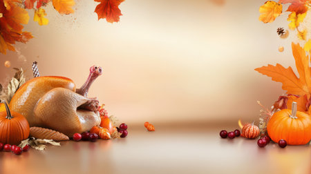 Thanksgiving turkey border showcasing a beautifully roasted turkey, surrounded by pumpkins, cranberries, and golden leaves.の素材