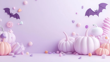 A pastel-colored Halloween background with light pink pumpkins, soft purple bats, and cute little candy pieces scattered across a lavender backdrop.の素材