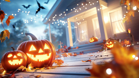 An outdoor Halloween scene with jack-o'-lanterns glowing brightly on a porch, surrounded by autumn leaves and festive Halloween lights.の素材