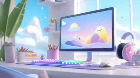 A cartoonish computer setup with exaggerated accessories and vibrant colors, perfect for a fun, animated workspace scene.の素材