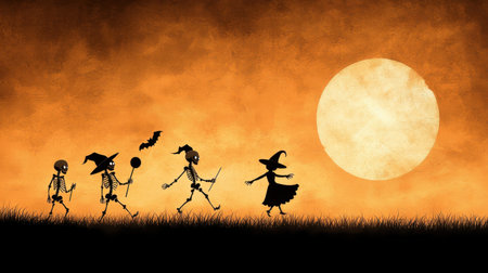 A distressed, vintage Halloween background with classic Halloween characters like skeletons and witches, set against a dark, muted sky.の素材