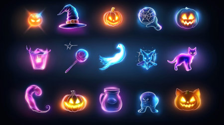 Neon-colored Halloween icons like witches, skulls, and cats glowing against a dark background, creating a striking, electric Halloween vibe.の素材