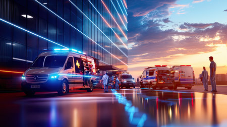 A busy hospital exterior with multiple ambulances parked outside, with paramedics and medical staff transferring patients.の素材