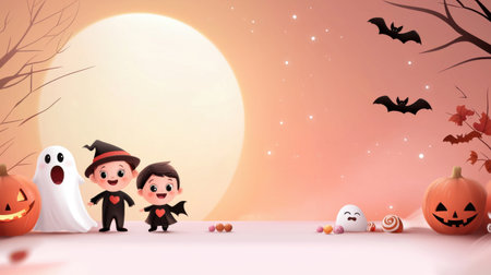 A cute Halloween cartoon scene with costumed kids trick-or-treating, surrounded by smiling bats, ghosts, and candy.の素材