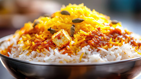 A close-up of paneer biryani layered with saffron rice, with visible aromatic spices like cinnamon, cardamom, and cloves.の素材