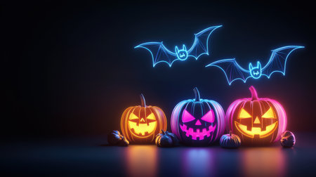 Neon jack-o'-lanterns and bats glowing against a black background, creating a stylish and trendy Halloween neon aesthetic.の素材