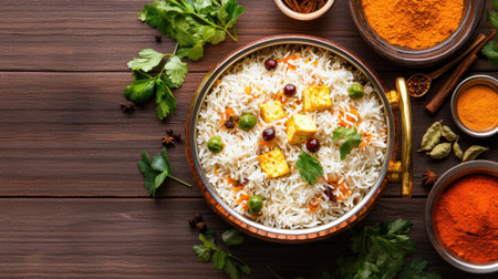 An overhead shot of a freshly cooked paneer biryani in a traditional copper pot, surrounded by spices and herbs.の素材