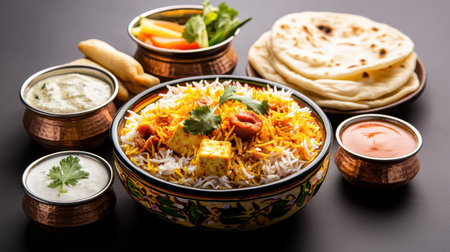 Paneer biryani displayed in a traditional hand-painted ceramic dish, with naan bread and side dishes arranged neatly around it.の素材