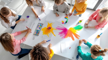 A classroom full of students creating artwork with mental health awareness messages, highlighting creativity in spreading the message.の素材