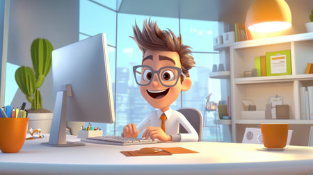 A cartoon character sitting at a computer desk, typing away with exaggerated motion lines, showing energetic work in a fun, animated world.の素材