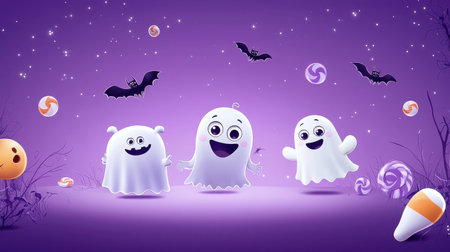 Friendly cartoon monsters, silly ghosts, and candy corn scattered across a purple sky, perfect for a fun Halloween-themed background.の素材