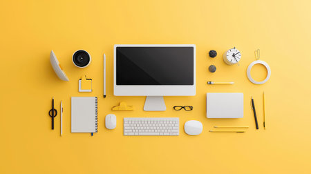 A flat-lay design with a computer, office supplies, and digital gadgets arranged creatively, symbolizing modern work-life balance.の素材
