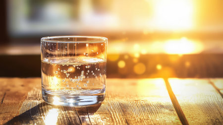 A close-up of a sparkling glass of water with condensation, placed on a wooden table, sunlight reflecting off the water.の素材