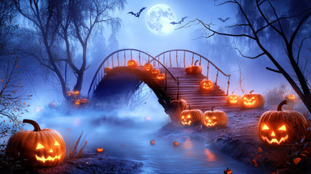 An ominous Gothic bridge crossing over a misty river, with skeletal trees and jack-o'-lanterns lining the path, all illuminated by eerie moonlight.の素材