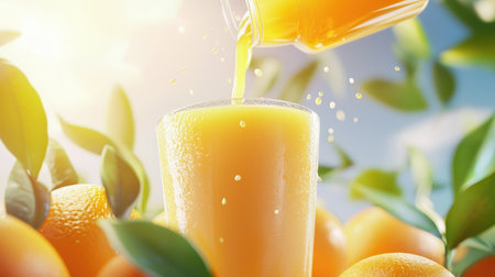 A close-up of fresh orange juice being poured into a glass, with vibrant oranges and leaves in the background.の素材