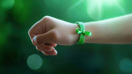 A close-up of a green mental health awareness bracelet being worn by a young person, symbolizing personal connection to the cause.の素材