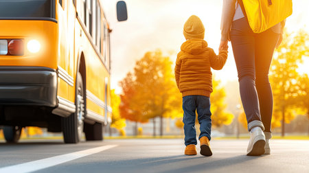 A child boarding a school bus while holding their parents hand, with the driver carefully monitoring the process for safety.の素材