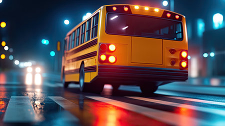 A close-up of the back of a school bus at night, with the red brake lights illuminating the scene as it comes to a stop at a crosswalk.の素材
