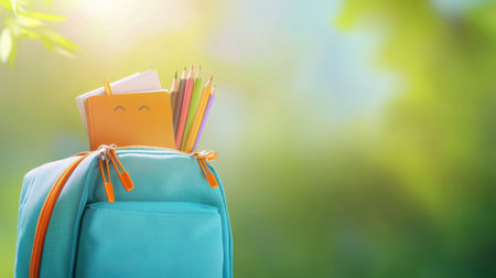 A close-up of a backpack with notebooks and pencils sticking out, capturing the energy of the first week back to school.の素材