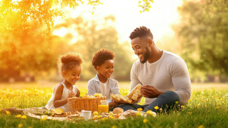 A family enjoying a picnic in the park, with joyful expressions and laughter, illustrating the role of family in fostering positive mental health.の素材