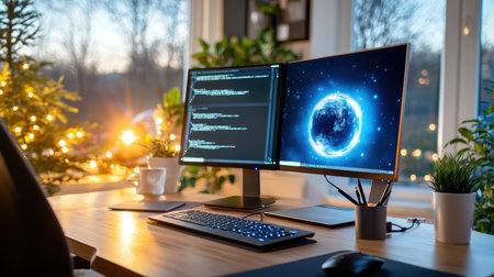 A home setup with dual monitors on a large wooden desk, plants and books in the background, symbolizing the ultimate work-from-home experience.の素材