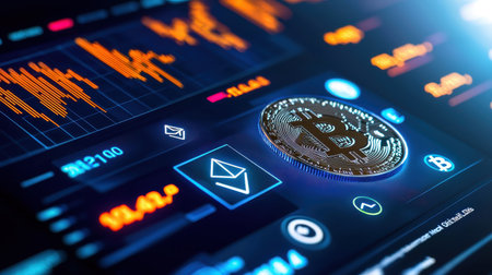 A digital screen displaying cryptocurrency trading charts with Bitcoin and Ethereum symbols, showcasing the fast-paced world of crypto trading.の素材