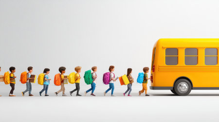 A line of students boarding a school bus, each carrying vibrant backpacks filled with books and supplies.の素材