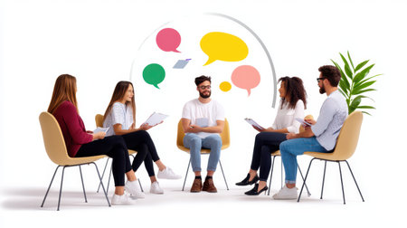 A mental health support group sitting in a circle, sharing experiences, creating a sense of community, empathy, and healing. Diverse individuals of various ages participate.の素材