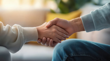A person offering a comforting hand to someone sitting on a couch, symbolizing mental health support and empathy in difficult times.の素材