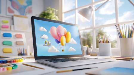 A laptop mockup with a customizable screen set against a creative artists studio backdrop, with paints, brushes, and sketches around.の素材