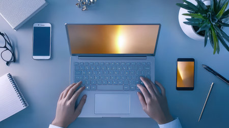 A person in a casual home office setting, working on a laptop, with a phone and notepad nearby for multitasking.の素材