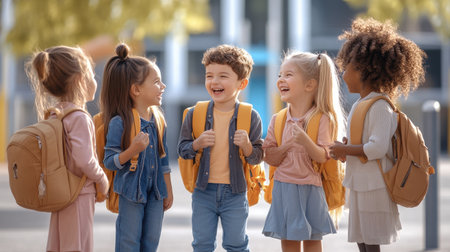 A group of kids wearing backpacks, smiling and chatting excitedly on the school playground before class.の素材