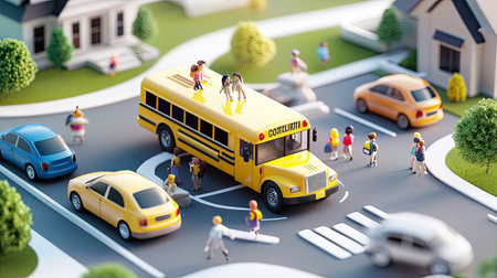 A school bus arriving at a busy school entrance, parents dropping off children in cars as the bus unloads students onto the sidewalk.の素材