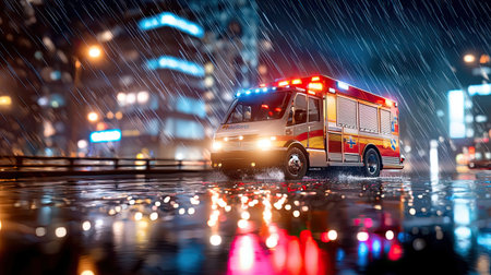 Ambulance driving through a stormy night, with headlights piercing through rain, reflecting off the wet streets.の素材