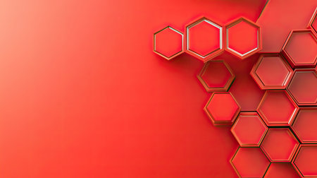 A red geometric background with hexagonal shapes and gradients, providing a modern and bold look for tech-related designs.の素材