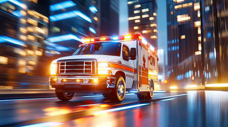 Ambulance front in motion, captured in a city setting, with the vehicle's lights illuminating the street.の素材