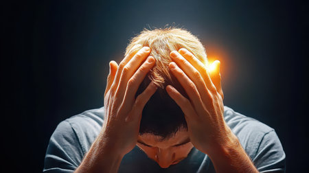 A person holding their head with both hands, eyes closed, symbolizing the weight of anxiety or depression. Dimly lit, with blurred background to emphasize isolation.の素材