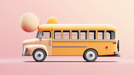 A retro-style school bus graphic, using vintage colors and textures, reminiscent of old travel posters and advertisements.の素材