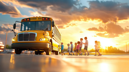 A school bus in a parking lot with several children exiting safely, with a focus on the orderly process and attentive staff.の素材