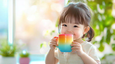 An Asian child drinking water from a colorful cup with a smile, set against a lively family home background.の素材