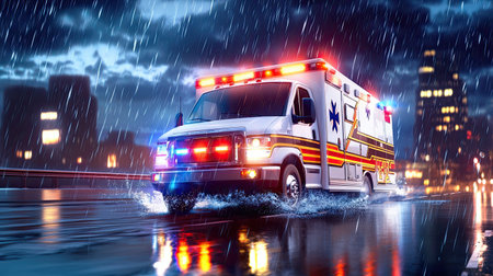 Ambulance driving on a rainy night with flashing lights, water splashing as the vehicle rushes to an emergency.の素材