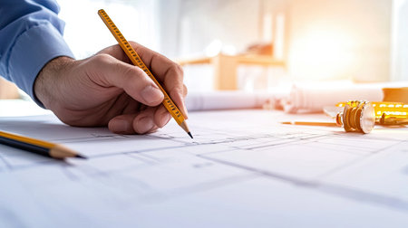 Architects hand reviewing a blueprint with a ruler and pencil, focusing on intricate lines and measurements for a building projectの素材