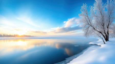 Winter wonderland with glistening ice on tree branches, frozen lakes, and soft snow creating a calm, cold winter atmosphere.の素材