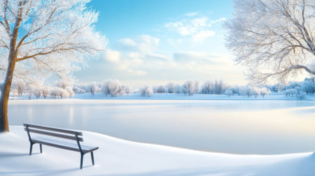 Winter wonderland with glistening ice on tree branches, frozen lakes, and soft snow creating a calm, cold winter atmosphere.の素材