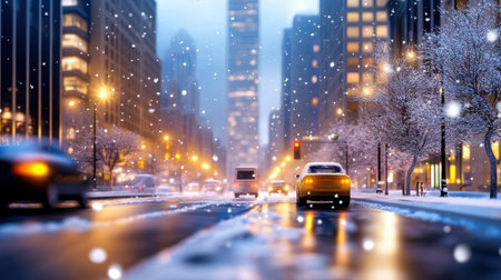 Winter city street scene with snow falling lightly, traffic moving slowly, and frosted trees adding a touch of nature to the urban setting.の素材