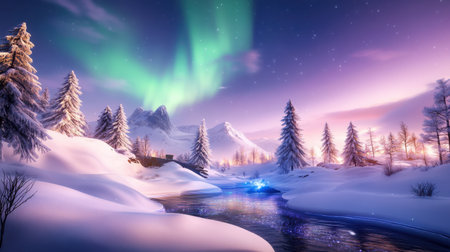 Winter night sky illuminated by the aurora borealis, its green and purple lights casting an ethereal glow over a snow-covered forest.の素材