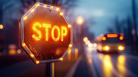 A stop sign attached to the side of a school bus, shown in detail with lights flashing, promoting road safety.の素材